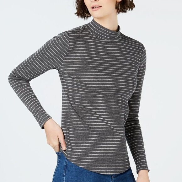 Charter Club Cotton Striped Mock-Neck T-Shirt - Picture 1 of 8